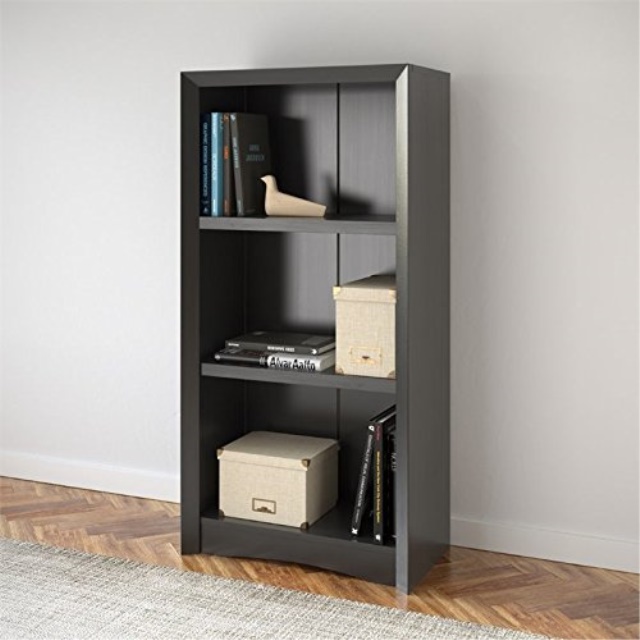 CorLiving Quadra 3 Shelf Faux Wood Grain Bookcase in Black